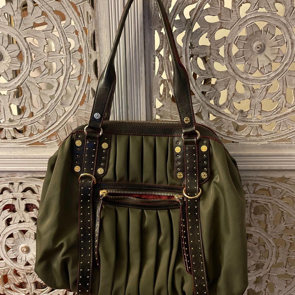 MZ Wallace Bedford Gigi Green Nylon Black Studded Hobo Bag